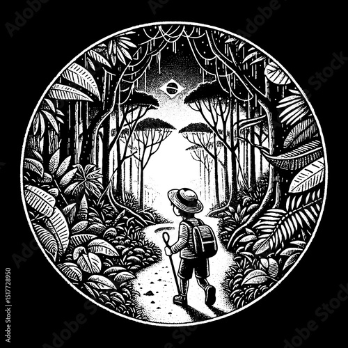 Vintage Hand-Drawn Boy Exploring the Rainforest Curious and Amazed Illustration – Adventure Vector Artwork for Nature Apparel, Posters, Stickers, and Wildlife Designs on Dark Background