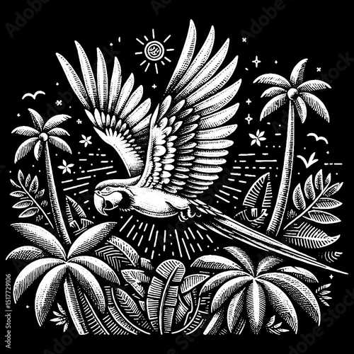 Vintage Hand-Drawn Macaw Squawking from a Treetop Lively and Colorful Illustration – Tropical Bird Vector Artwork for Nature Apparel, Posters, Stickers, and Jungle Designs on Dark Background