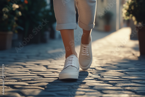 Legs in white sports shoes walking along cobbled street