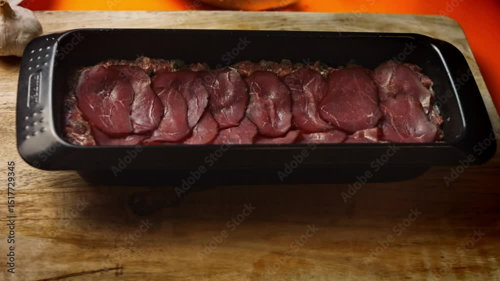 Arrange the beef pastrami over the meat stuffing. Falscher Hase recipe. 4k video recipe