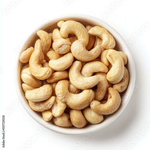 Cashews in small white bowl, top view