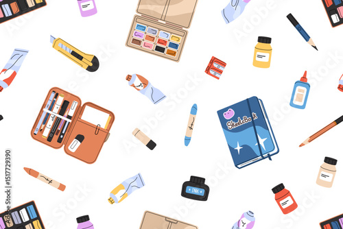 Repeatable pattern of stationery, art supplies. Endless background of different drawing and painting tools for creativity: pencils, paints, crayons, plasticine. Flat seamless vector illustration