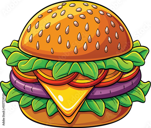 Hyperrealistic Burger Illustration – Double Patty with Cheese, Sauce, and Sesame Bun