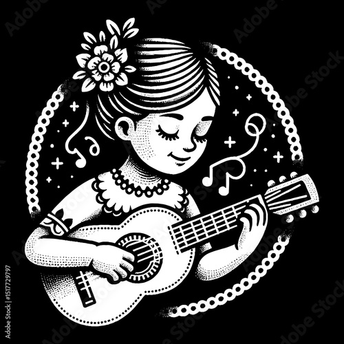Vintage Hand-Drawn Girl Learning to Play the Cavaquinho Concentrated and Happy Illustration – Music Vector Artwork for Cultural Apparel, Posters, Stickers, and Instrument Designs on Dark Background