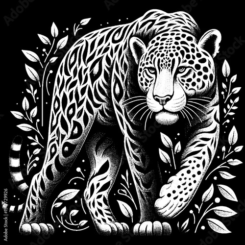 Vintage Hand-Drawn Jaguar Walking in Forest Majestic and Stealthy Illustration – Wildlife Vector Artwork for Nature Apparel, Posters, Stickers, and Safari Designs on Dark Background