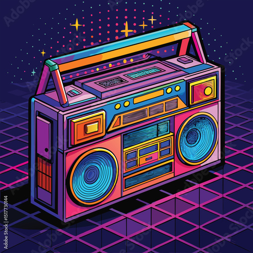 Vaporwave Boombox Illustration with Stars and Grid Background for Retro Music