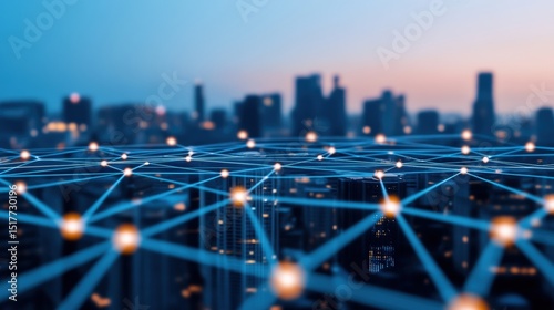 Smart city skyline with transparent digital connectivity mesh network overlaying urban landscape. Intelligent device integration and advanced technology infrastructure for modern communication.