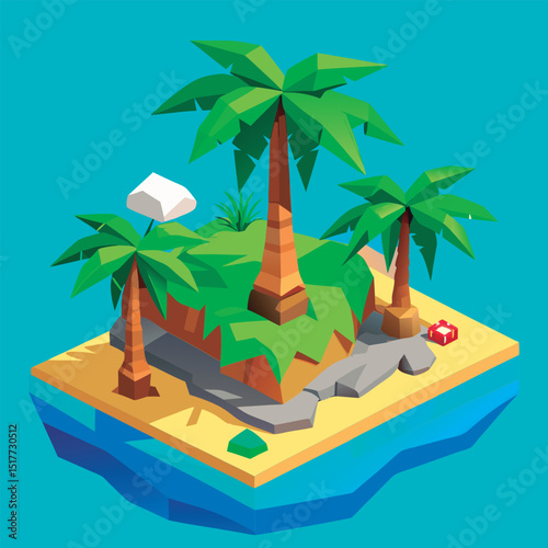 Isometric tropical island with palm trees.