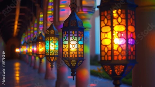 Colorful Islamic lanterns illuminate the corridor at dusk in a vibrant setting