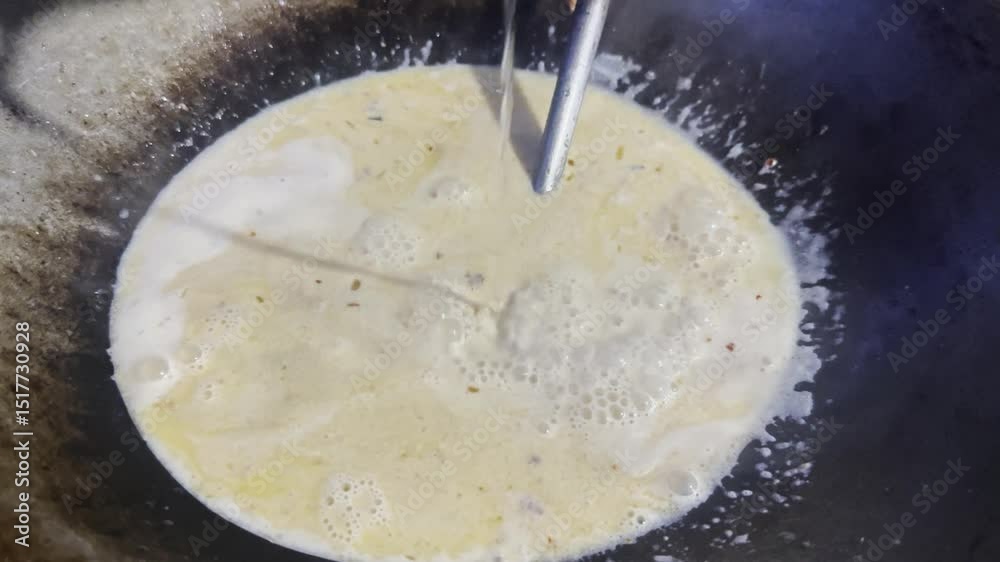 Asian cook is cooking in thai kitchen in local traditional country style, preparing sizzling thai green curry paste being stir fried in traditional wok to cook thai food green curry popular worldwide
