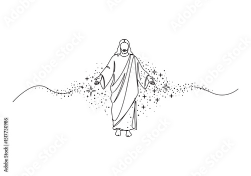Minimalist continuous line drawing of Jesus Christ with robe and