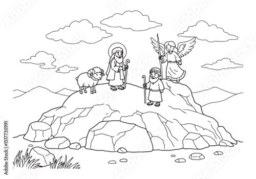 Mount Moriah scene coloring page featuring Abraham, Isaac, angel