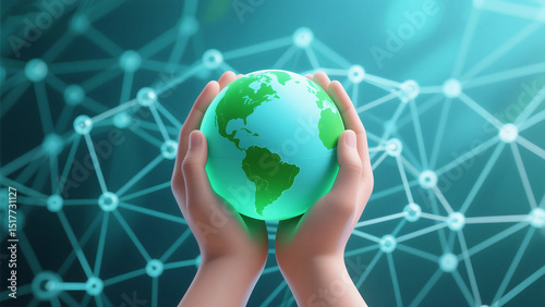 Hands holding a glowing green and blue earth globe with a network background design element behind