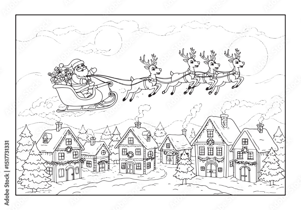 Obraz premium Festive santa claus riding reindeer sleigh coloring page illustr