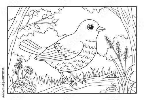 Delightful Thrush Bird in Forest Coloring Page for Creative Kids