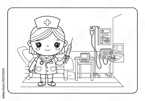 Engaging coloring page depicting a charming cartoon nurse holdin
