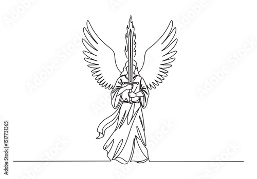 Mystical angel warrior holding a flaming sword in continuous lin