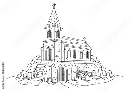 Detailed coloring page showcasing a gothic church with an adjace