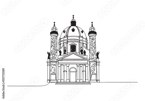 Elegant Continuous Line Drawing of a Baroque Church Illustration