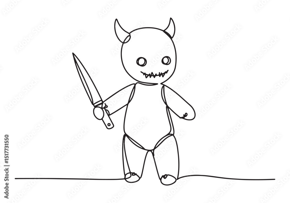 Fototapeta premium Creepy Continuous Line Art of a Demonic Doll Holding a Sharp Kni