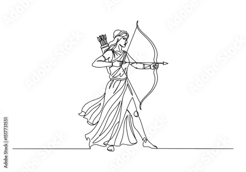 Elegant continuous line drawing of artemis the greek goddess of