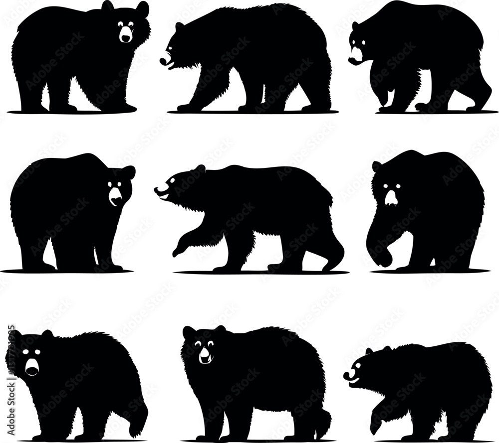 Naklejka premium Black Bear Silhouettes Vector Illustration, Set of Nine Black Bear Icons