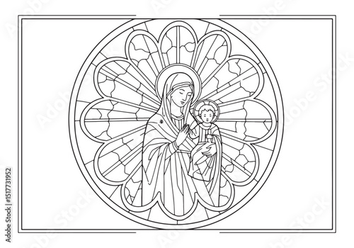 Rose Window Coloring Page Featuring Mary and Child Illustration