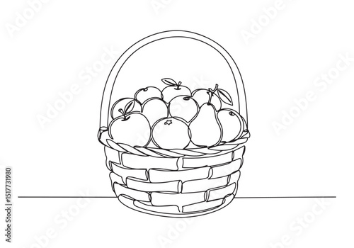 Vintage Fruit Basket Continuous Line Drawing, Black and White Il