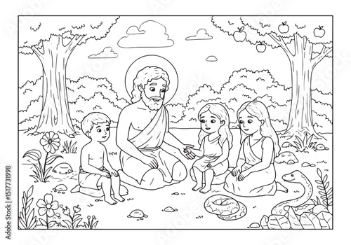 Adam and Eve teaching their children, a coloring book page illus