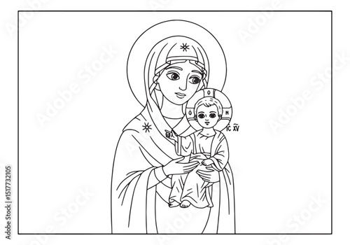 Virgin Mary and Child Jesus, A Coloring Page Depiction of Mother