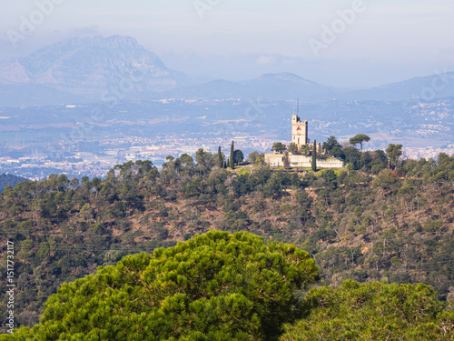 Aerial view of famous architecture on mountain amidst plants at foggy day photo