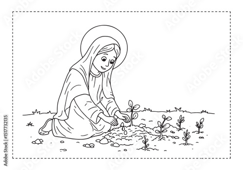 Black and white coloring page depicting a saint planting young t