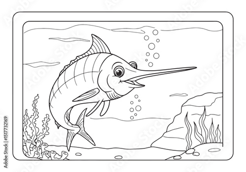 Illustrative Swordfish Underwater Scene for Coloring Book Enthus