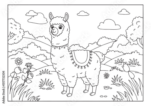 Enchanting Alpaca Coloring Page, A Whimsical Black and White Adv