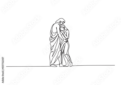 Continuous Line Drawing Illustrating Adam and Eve's Sorrowful Em