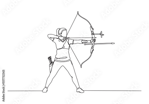 Female Archer in Action Continuous Line Drawing Black and White