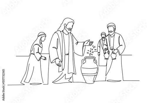 Continuous Line Drawing Illustration of Jesus Turning Water into
