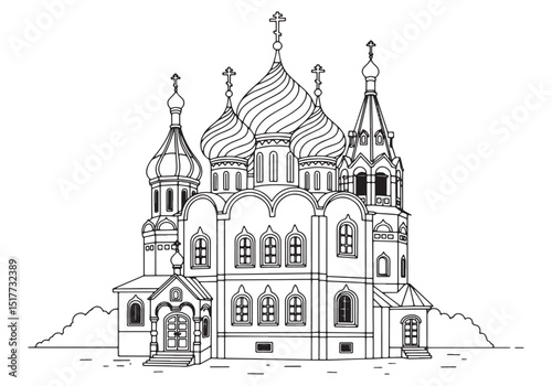 Detailed one-line drawing of an orthodox church with multiple do
