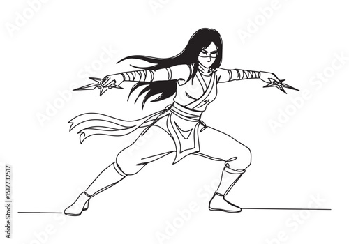 Dynamic female ninja with throwing stars in continuous line draw