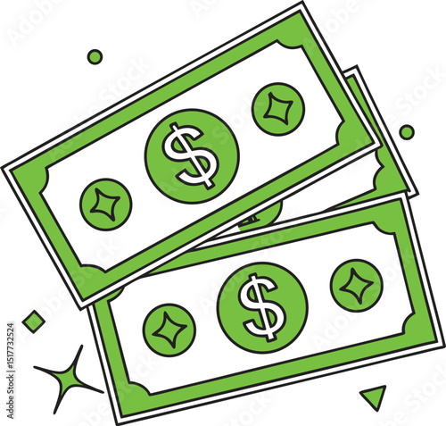 Money stored in a wooden box with abstract dollar-themed background and Cartoon Illustration of Stack of Dollar Bills,dollar banknotes isolate on white background.