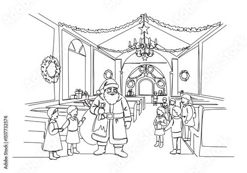 Charming Santa Claus visit with children in church, coloring boo