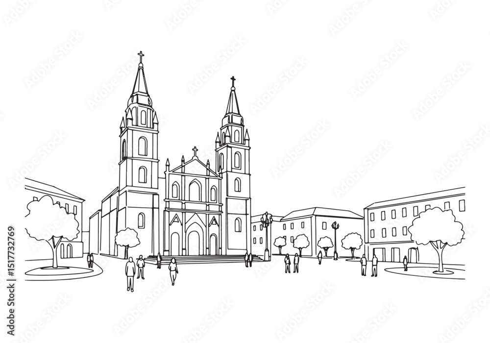 Naklejka premium Architectural marvel, A striking cathedral in continuous line ar