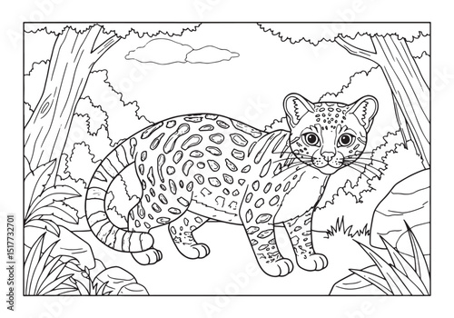 Adorable margay in coloring page amidst jungle scenery waiting c