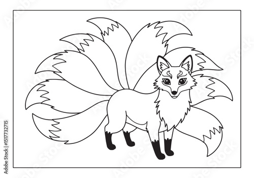 Enigmatic nine tailed kitsune fox ready to be colored for fun ac