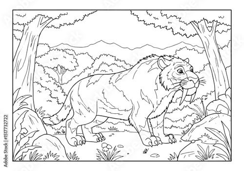 Saber-Toothed Tiger in a Prehistoric Landscape Coloring Page Ill