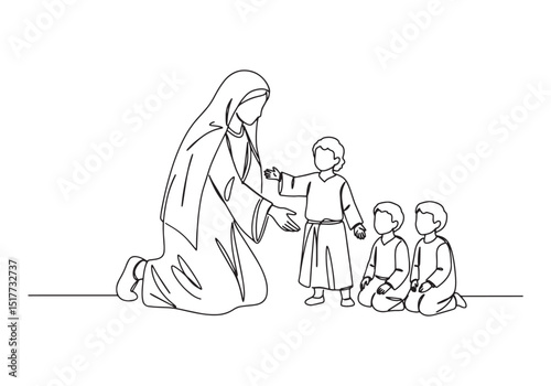 Continuous Line Drawing of Mary and Jesus with Children Illustra