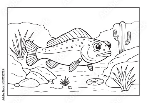 Devil's Hole Pupfish in a Desert Oasis, A Coloring Book Illustra