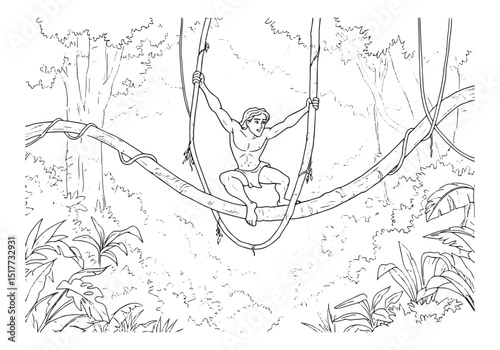 Tarzan swinging on a jungle vine in black and white coloring pag