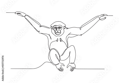 Elegant continuous line drawing of a Gibbon monkey on a white ba