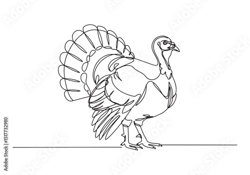 Elegant turkey in continuous line drawing, minimalist black and